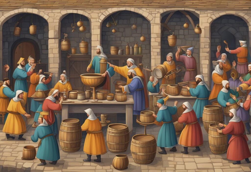 A painting of a group of people in a medieval setting.