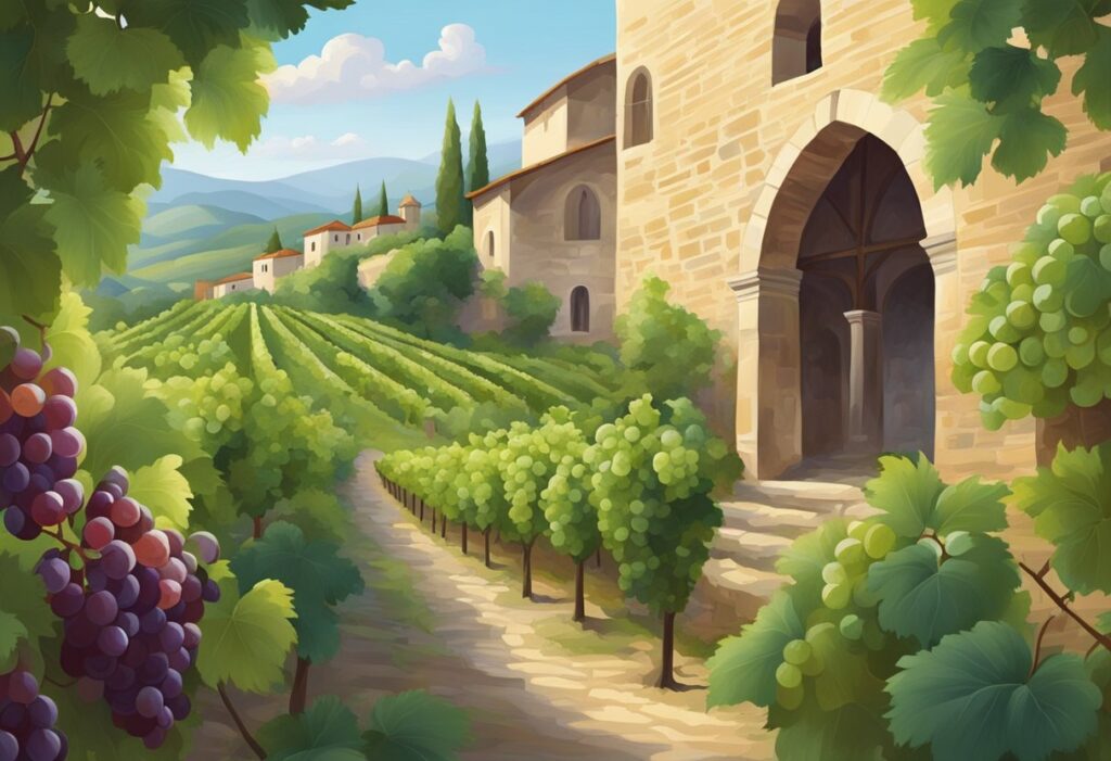 An illustration of a vineyard with grapes and a castle.