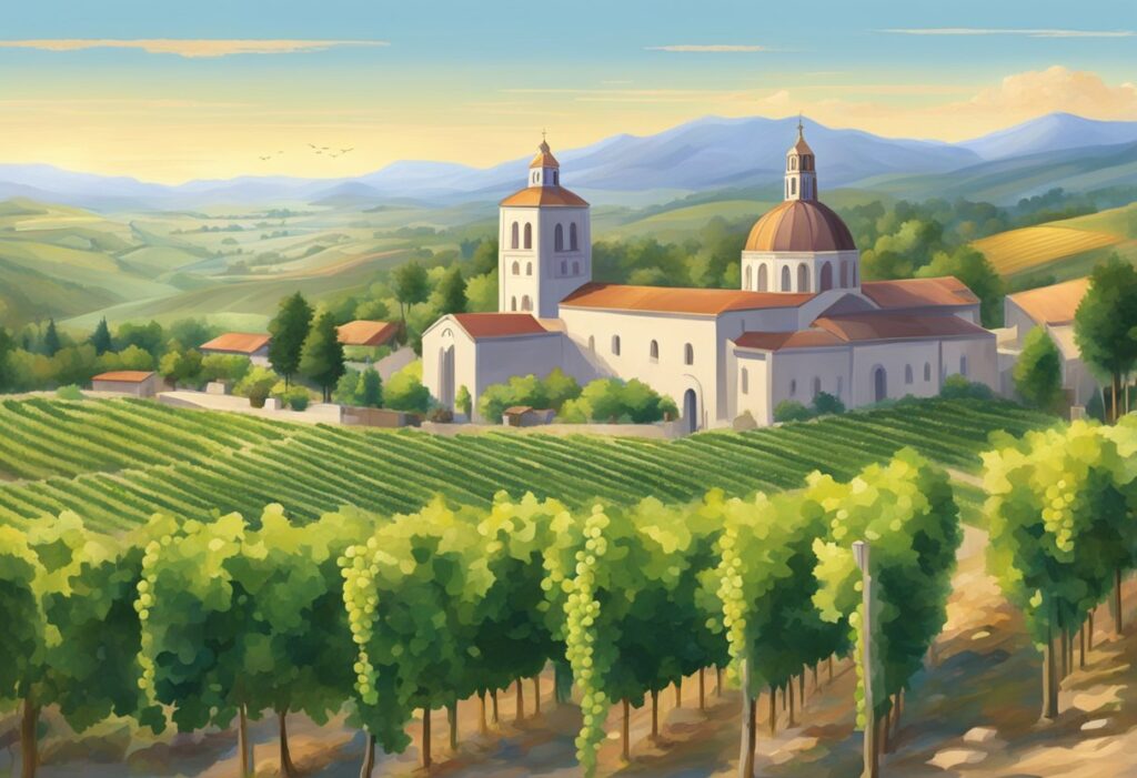 A painting of a vineyard with a church in the background.