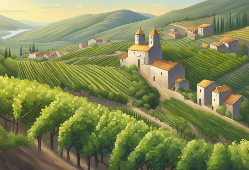 A painting of a vineyard in tuscany.