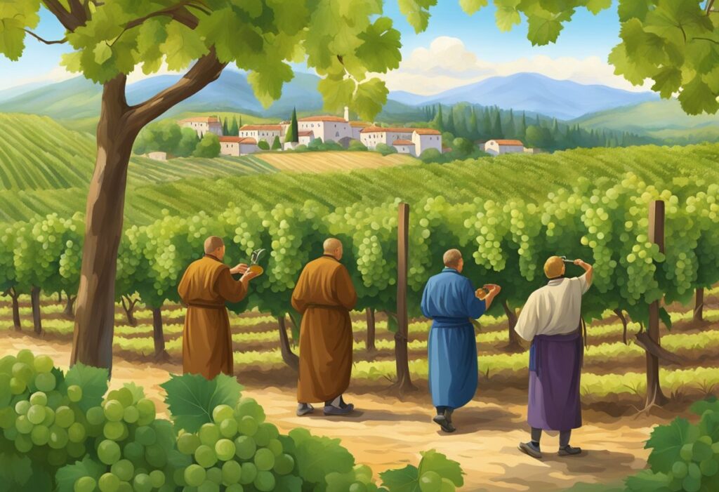 A group of monks walking through a vineyard.