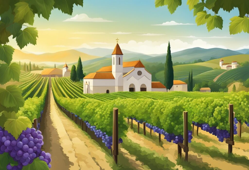 A vineyard with grapes and a church in the background.