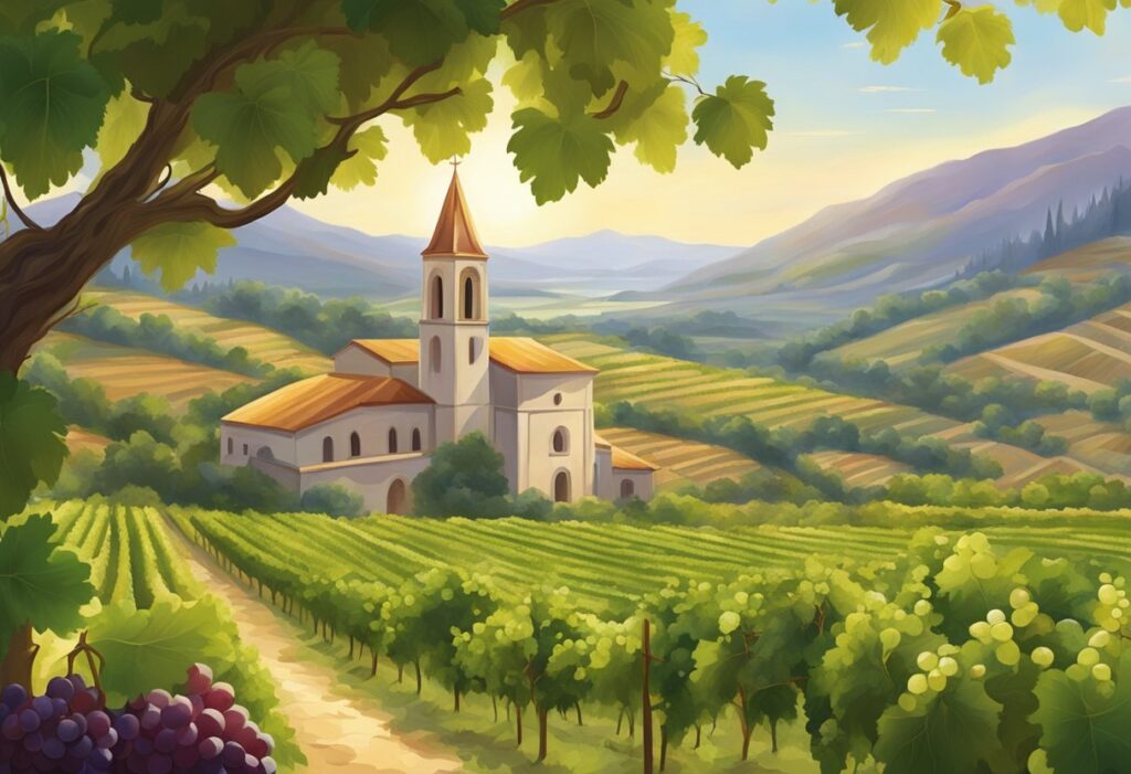 An illustration of a vineyard with a church and grapes.