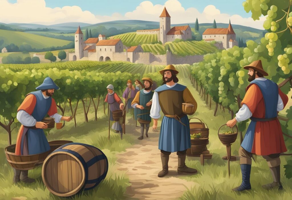 A group of men in medieval costumes are standing in a vineyard.