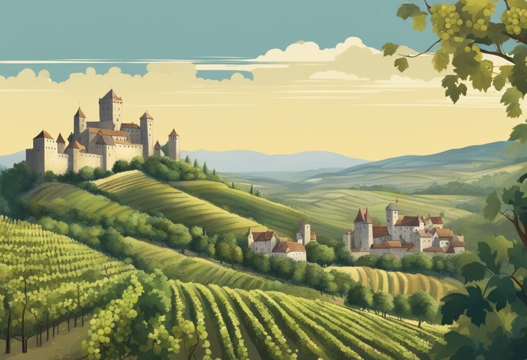 A painting of a castle on a vineyard.