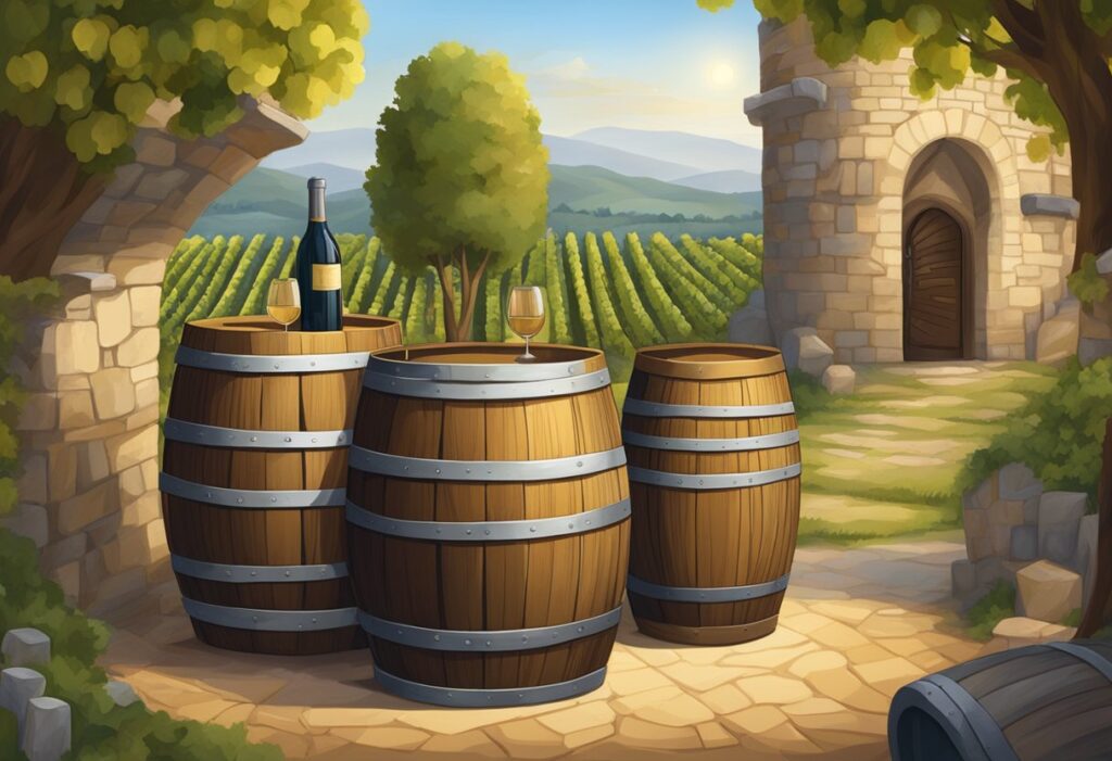 Wine barrels in a vineyard with a castle in the background.