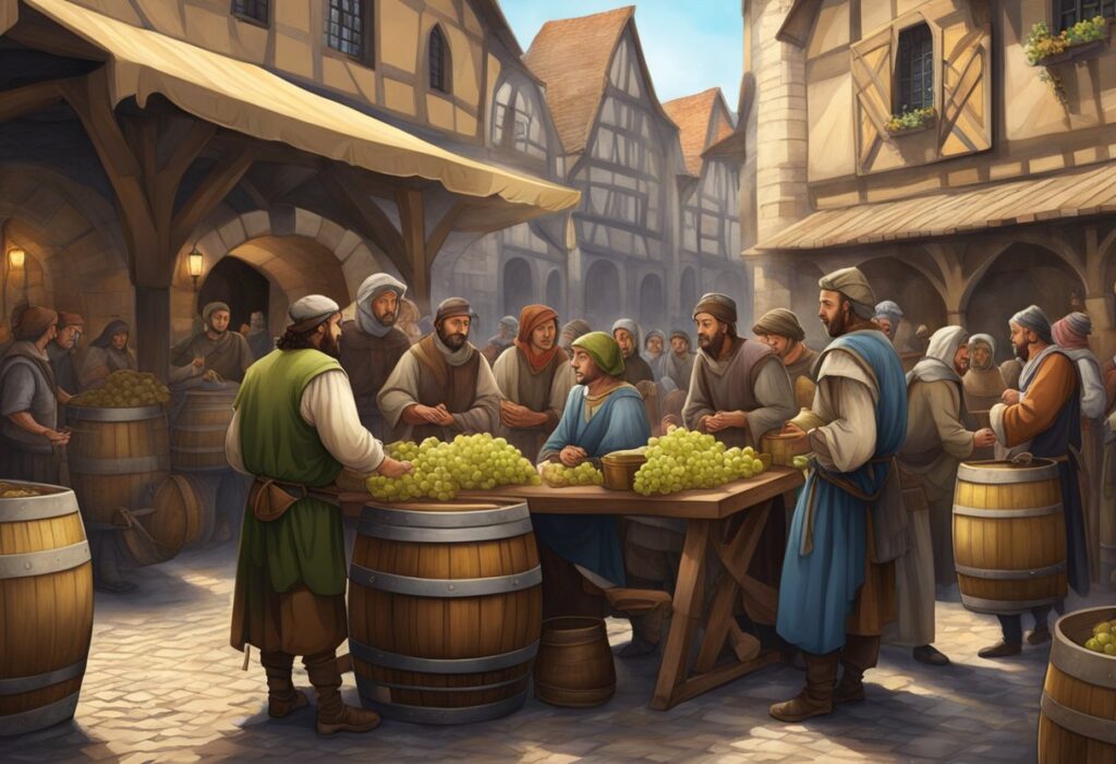 A painting of people in a medieval town with barrels of wine.