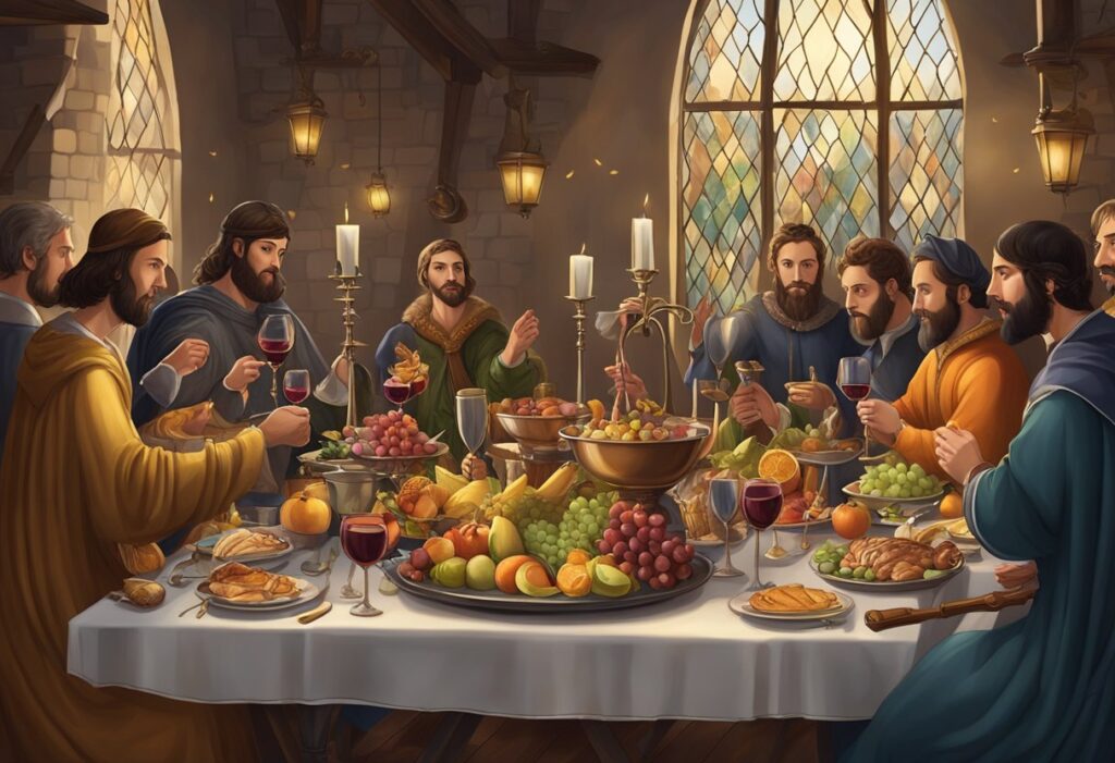 Group of men dining at a feast with wine