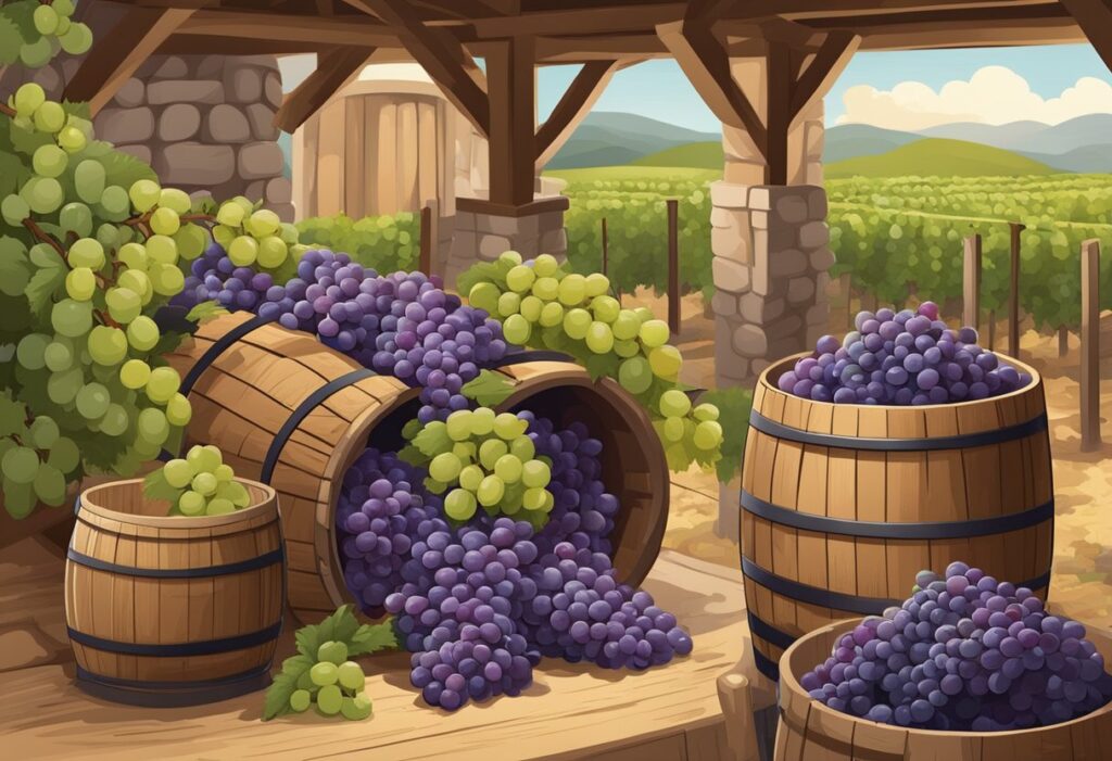 A vineyard with barrels full of grapes.