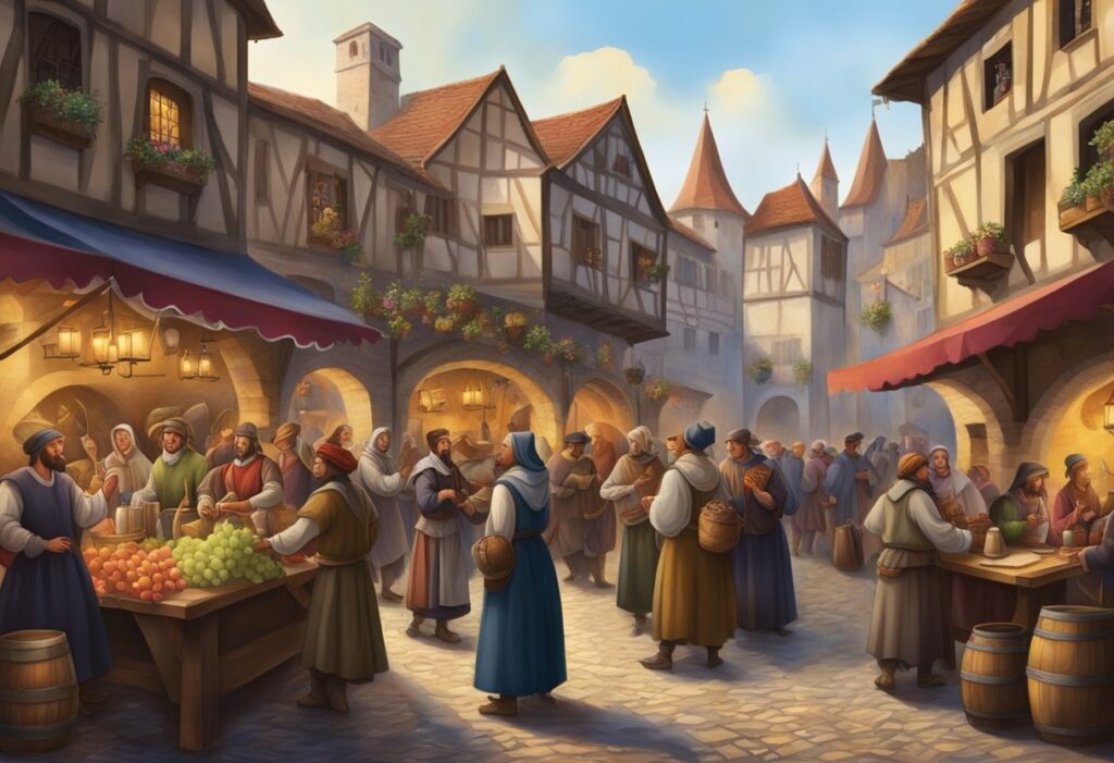 A painting of people in a medieval market.