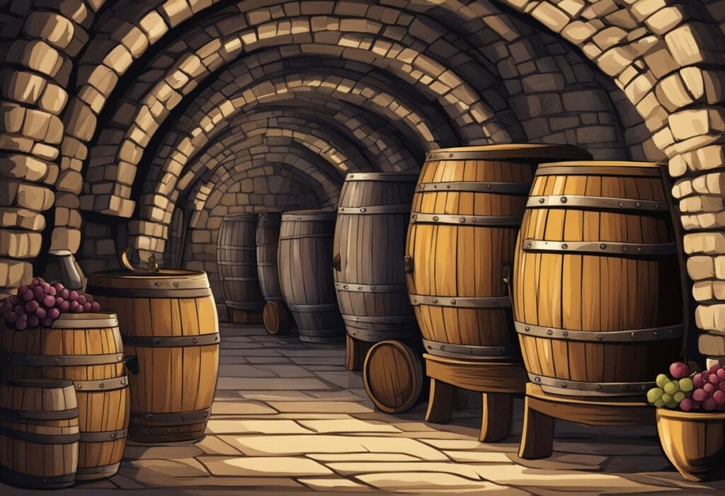 A wine cellar with barrels and grapes.