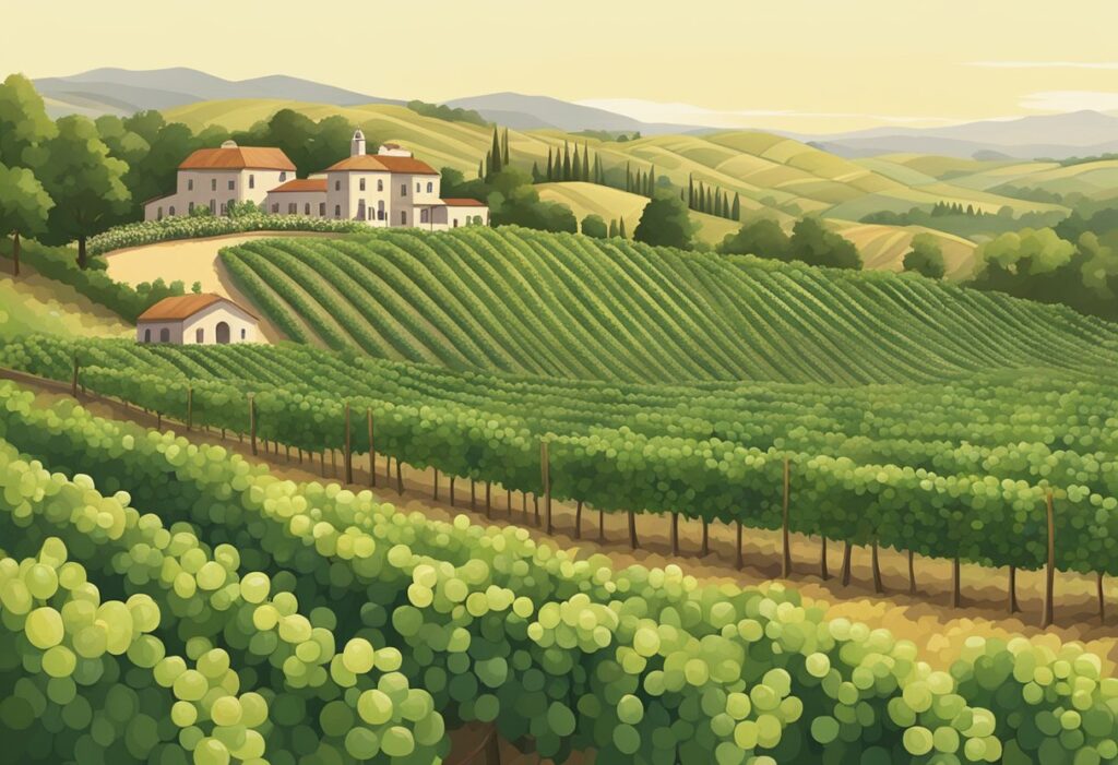 An illustration of a vineyard in tuscany.