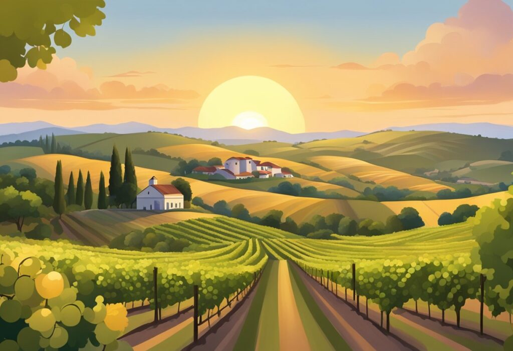 An illustration of a vineyard landscape at sunset.