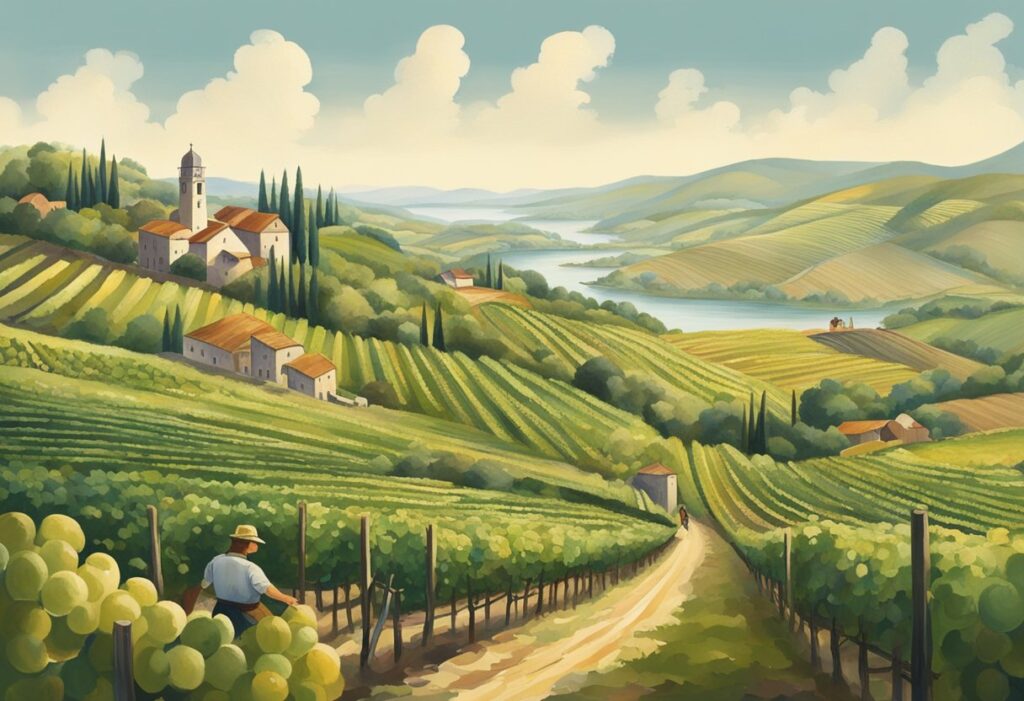 A painting of a vineyard in tuscany.