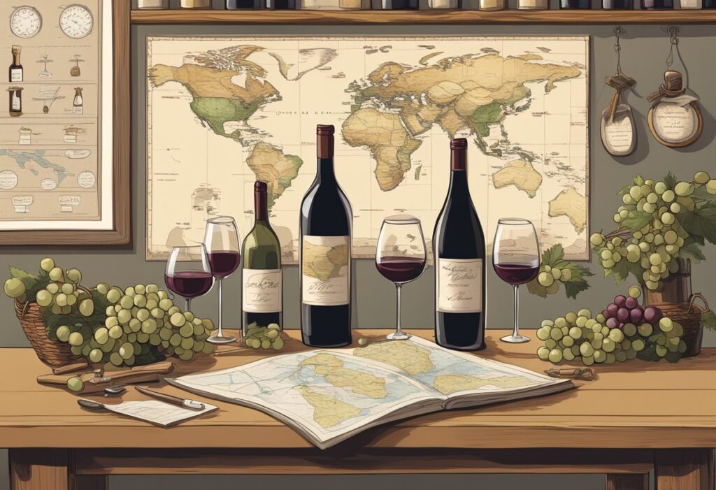 A table with wine glasses, a map and a bottle of wine.