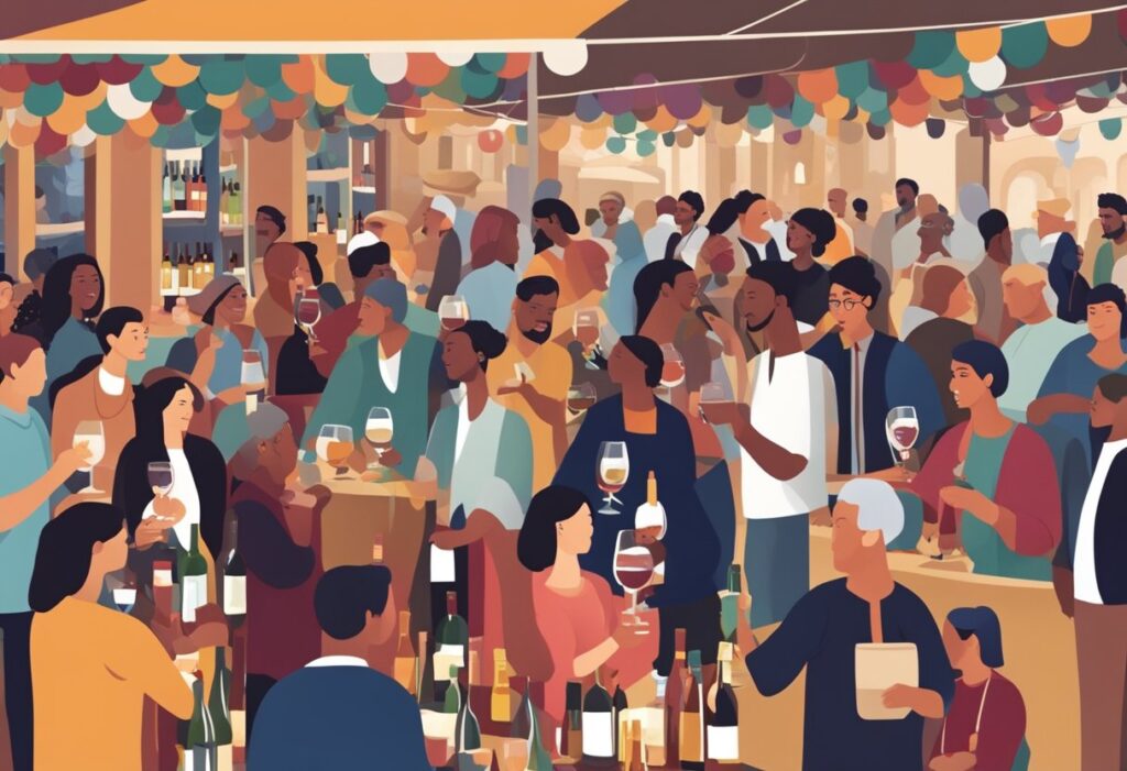 A crowd of people drinking wine at a party.