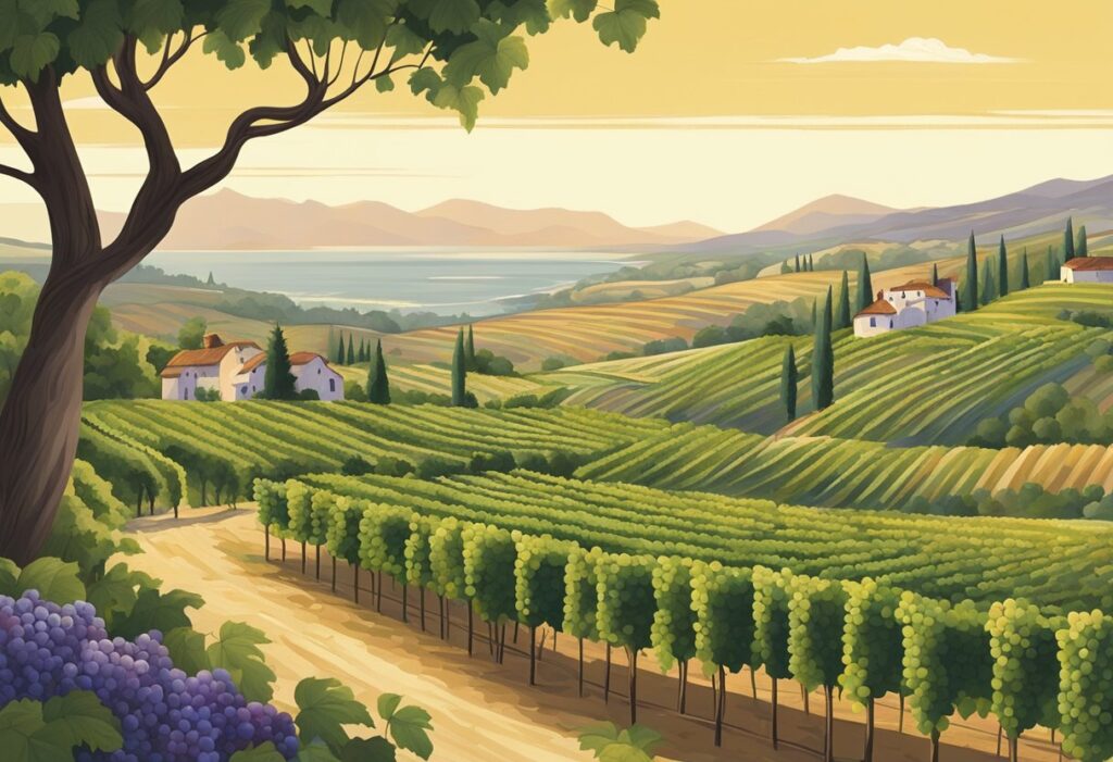 A painting of a vineyard in tuscany.