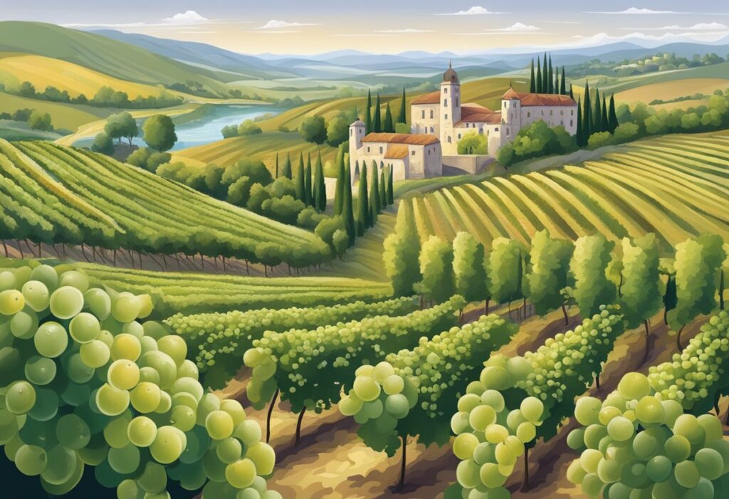 A painting of a vineyard in tuscany.