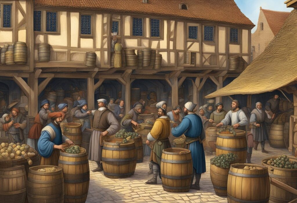 A painting of a medieval market with people and barrels.