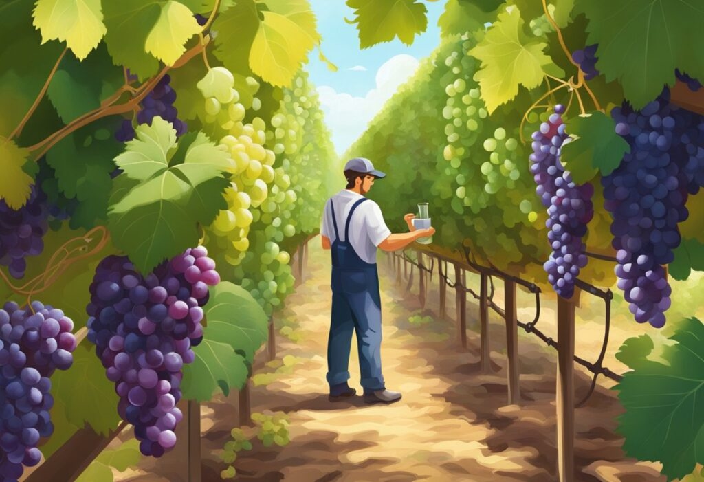 A man is standing in a vineyard holding a glass of grapes, showcasing the luscious wine color.