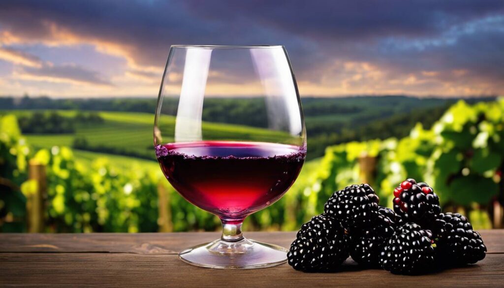 A glass of wine and blackberries on a wooden table.