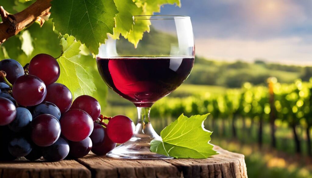 A glass of red wine and grapes on a wooden table.