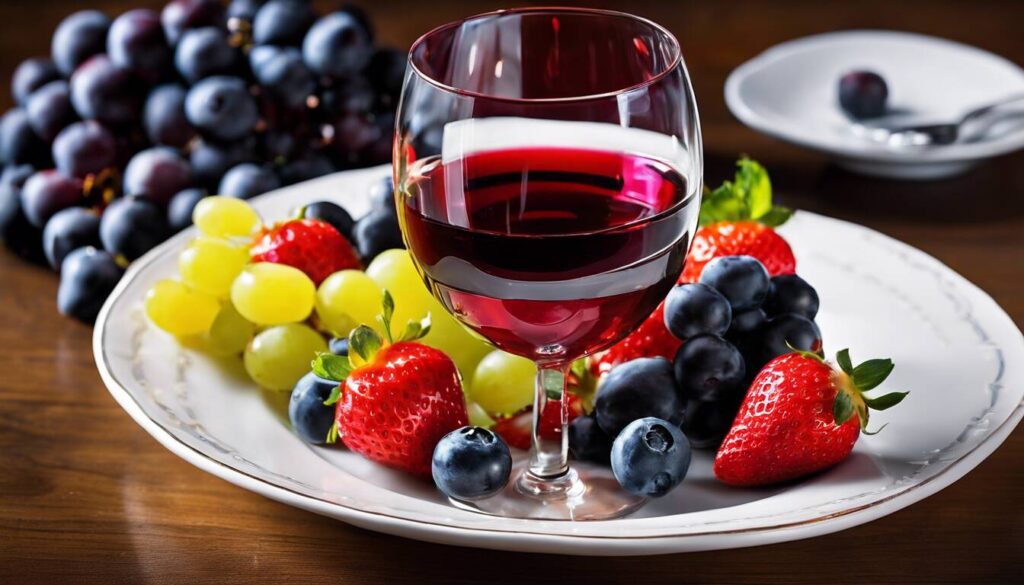 A glass of red wine with strawberries and grapes on a plate.