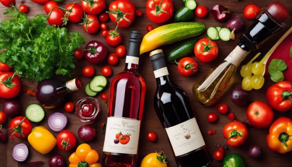 A bottle of wine and vegetables on a wooden table.