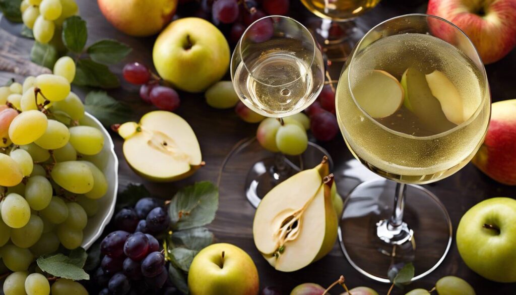 A glass of wine, apples and grapes on a table.