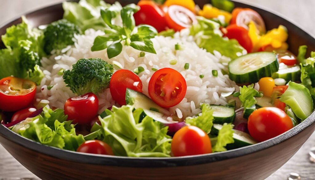 A bowl full of vegetables and rice.