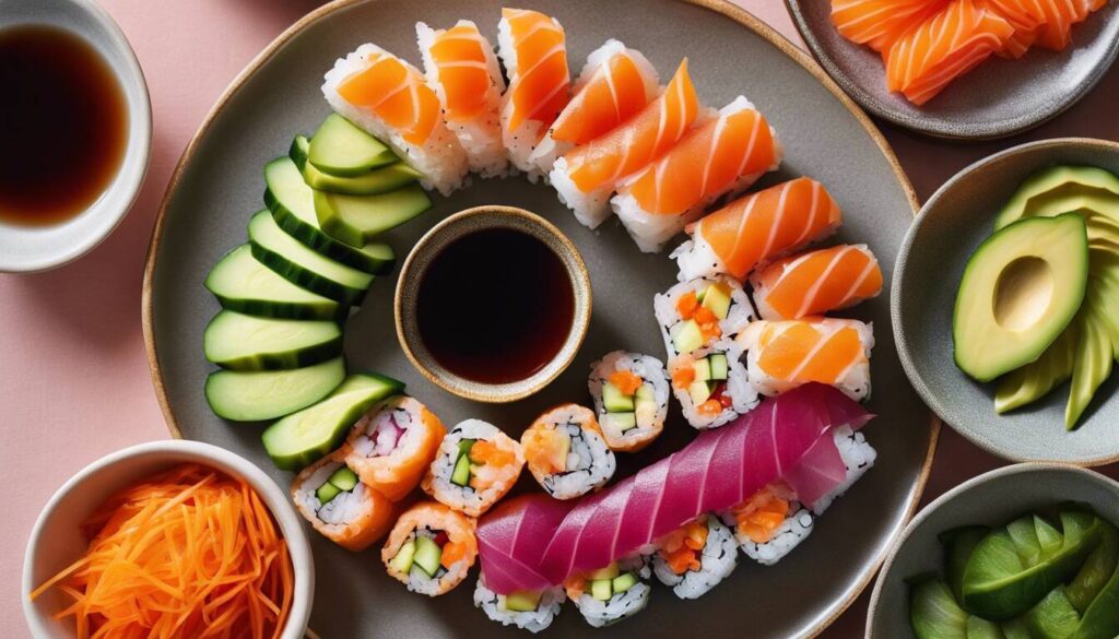 A plate of sushi and vegetables on a pink background.