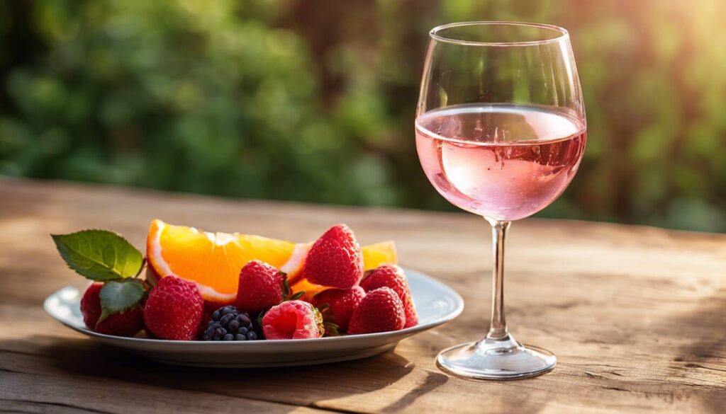 A glass of pink wine and fruit on a wooden table.