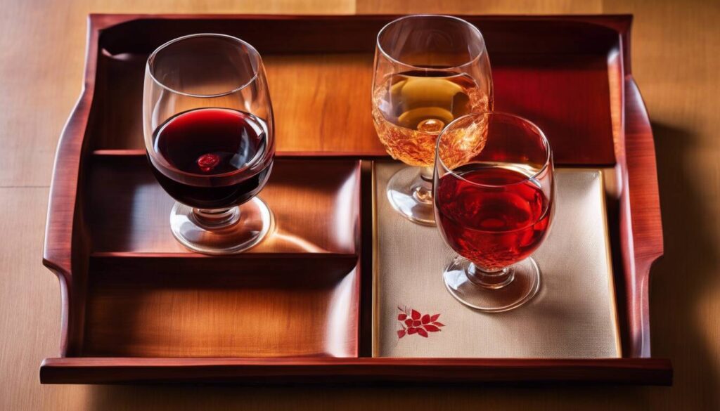 Three glasses of wine on a wooden tray.