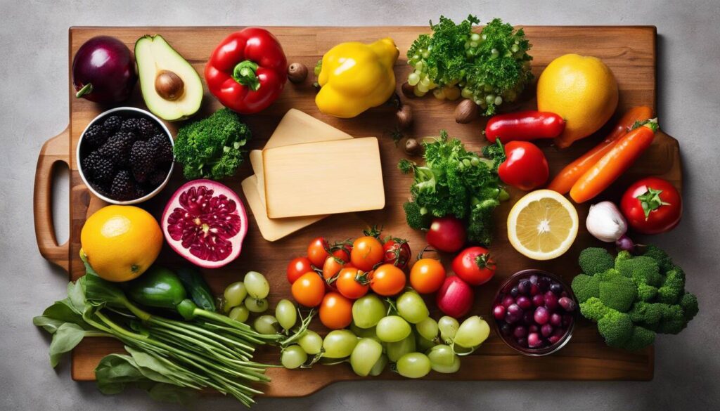 A cutting board with a variety of fruits and vegetables.