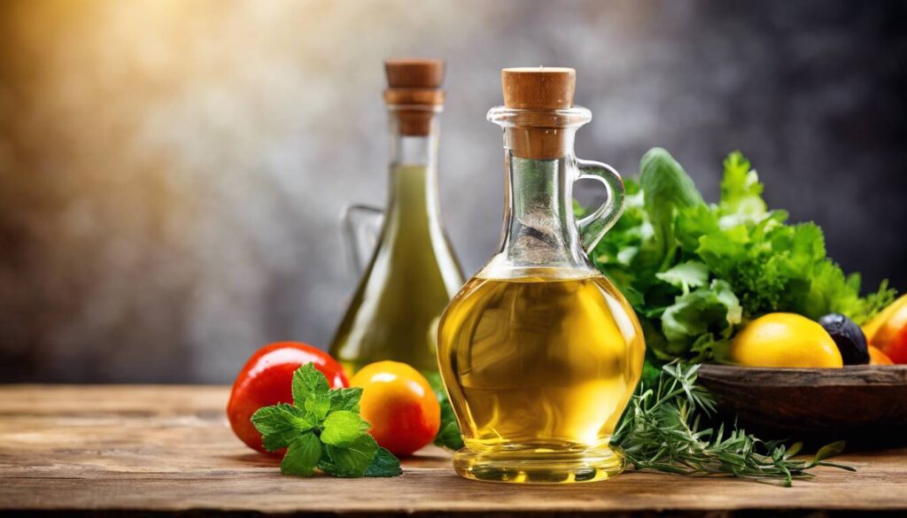 Olive oil and vegetables on a wooden table.