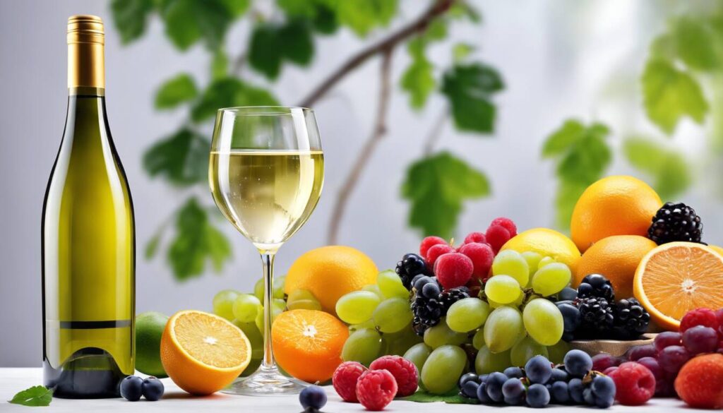 A glass of wine and fruit on a table.