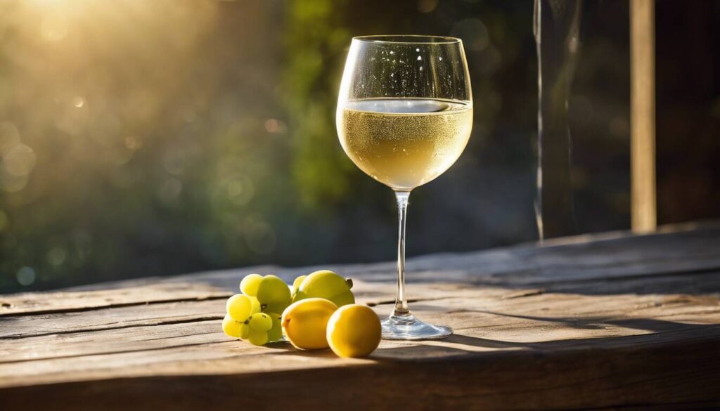 A glass of white wine and grapes on a wooden table.