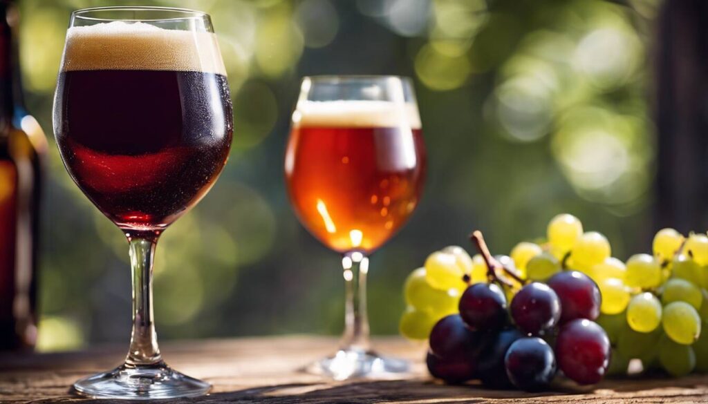 Two glasses of wine and grapes on a wooden table.