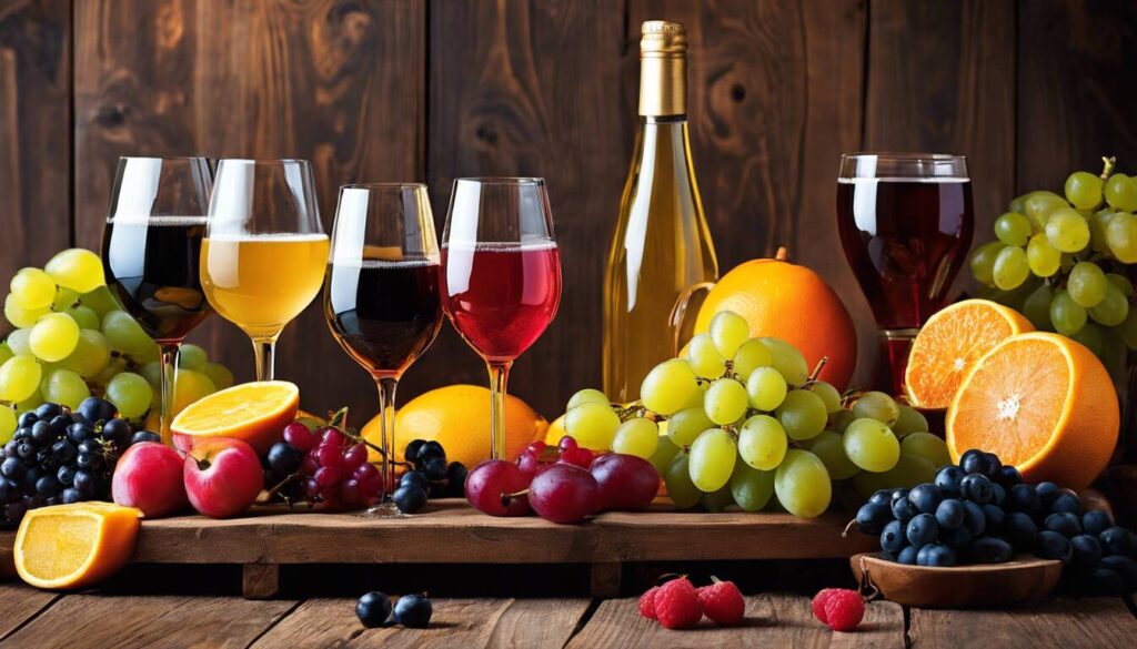 A variety of fruit and wine on a wooden table.