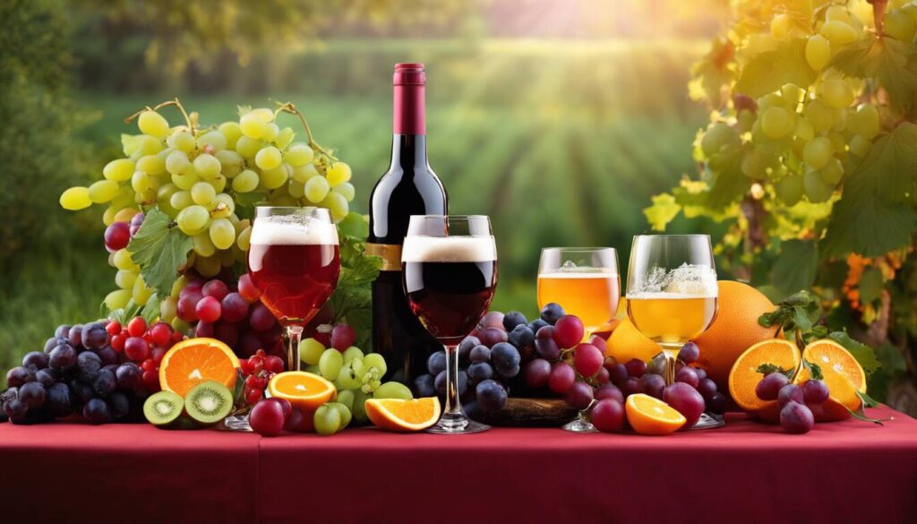 Wine, grapes, oranges and grapes on a table.