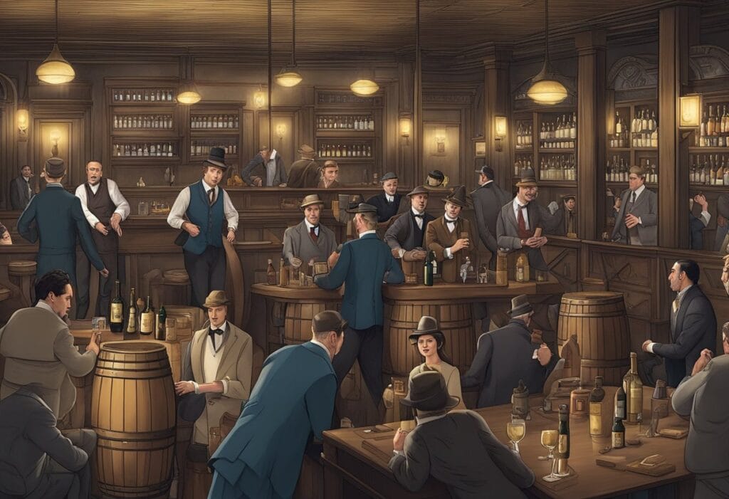 A painting of a group of people in a bar.