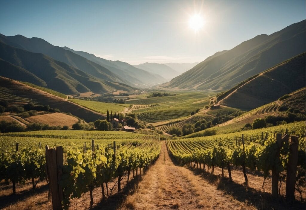 A vineyard in Maule Valley, California with mountains in the background.