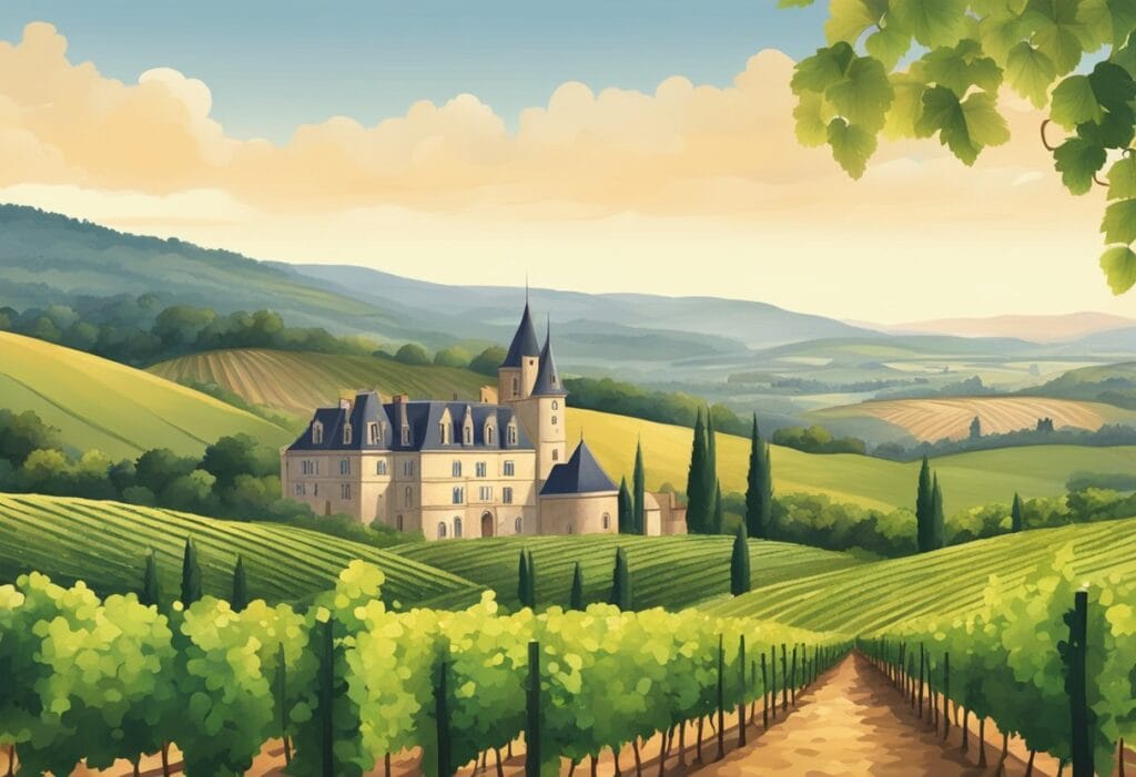 An illustration of a vineyard with a castle in the background.