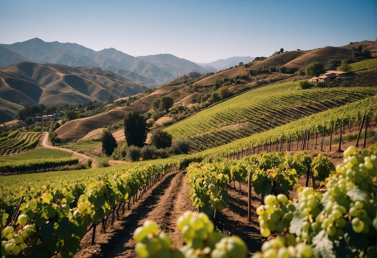 A vineyard in the San Antonio Valley Wine Region with mountains in the background.