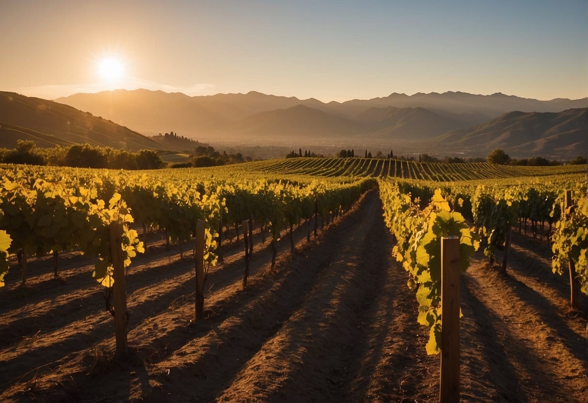 A picturesque vineyard field in the San Antonio Valley Wine Region, with breathtaking mountains in the background, all glowing under the warm hues of a mesmerizing sunset.