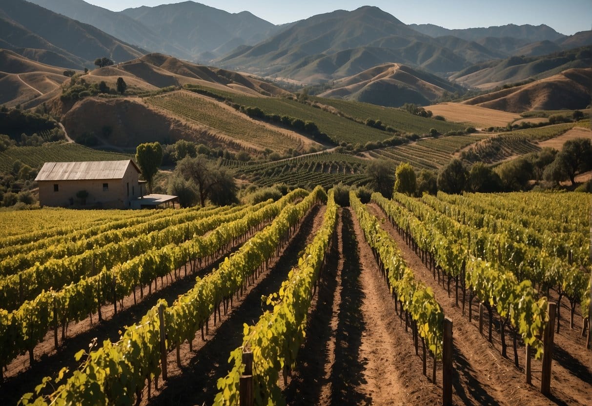 A vineyard with mountains in the background.