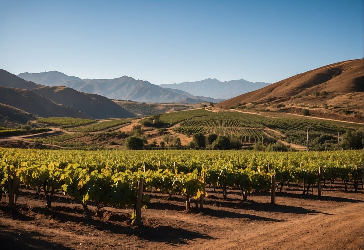 A vineyard with mountains in the background.