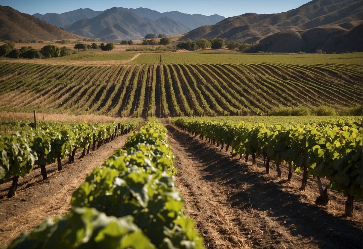 A vineyard in the San Antonio Valley Wine Region with rows of vines and mountains in the background.