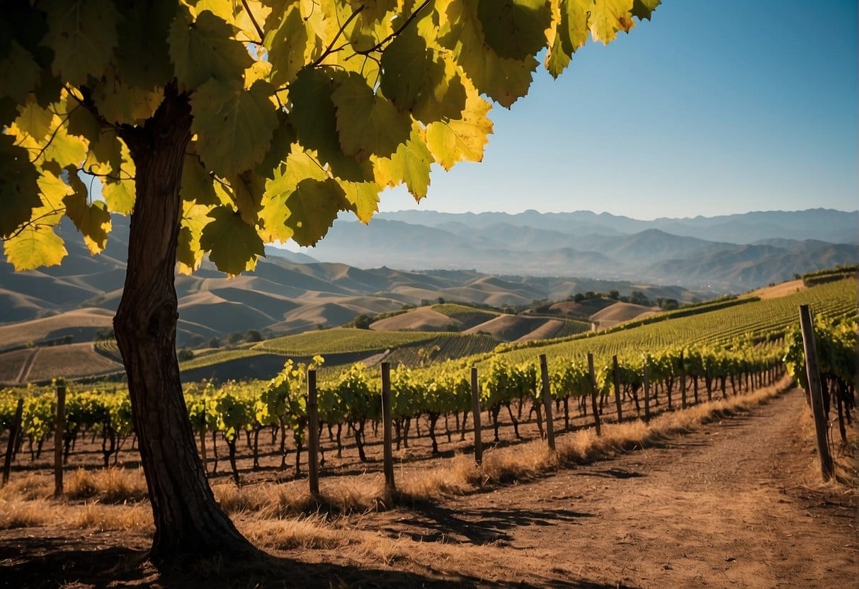 A vineyard in the San Antonio Valley Wine Region with mountains in the background.