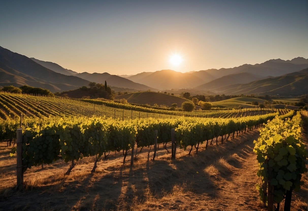 The sun is setting over a vineyard field with mountains in the background.